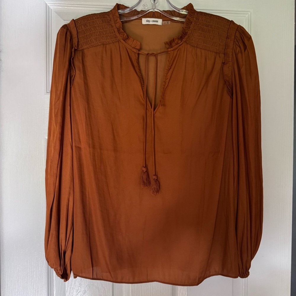 Silky Ruffled Rusty Brown Blouse Small